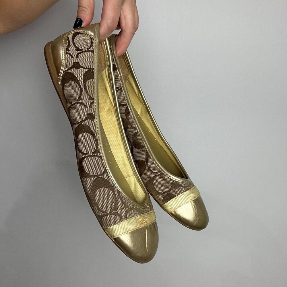 Coach Cecile y2k brown canvas signature monogram and gold leather ballet flats